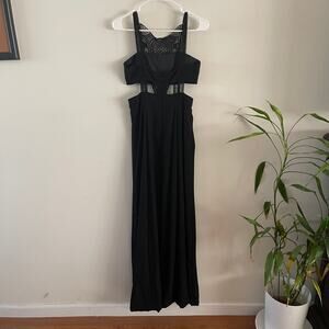 Aidan Mattox Y2K Womens 0 Black Crepe Lace Cutout Maxi Gown Crochet Lace Vintage